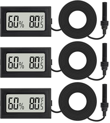 3 mini termómetro digital higrómetro con sonda electrónica de temperatura, medidor de humedad y temperatura interior, pantalla LCD Fahrenheit para humidores, invernadero, jardín, incubadora, terrario