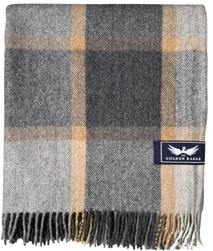 The Golden Eagle Scottish Tweed Wool Large Blanket Tartan Rug with Check Pattern for Warm Winter (Grey Block Check)