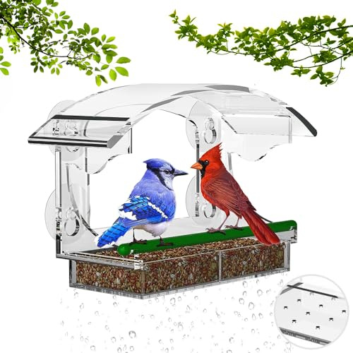 Vogelfutterhaus Fenster Saugnäpfe,Vogelfutterspender Fenster 25x18x10cm,Vogelhaus Fensterbrett mit Abnehmbar Futterspender,Transparente Fenster Vogelfutter,Durchsichtiges Vogelhaus Fenster,Futterhaus