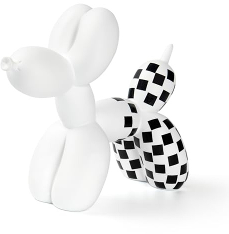 Notakia Cane Palloncino a Scacchi Nero e Bianco, Scultura in Resina | Ornamento moderno per soggiorno, ufficio, mensola e scrivania, finitura grafica ad alto contrasto e design scultoreo