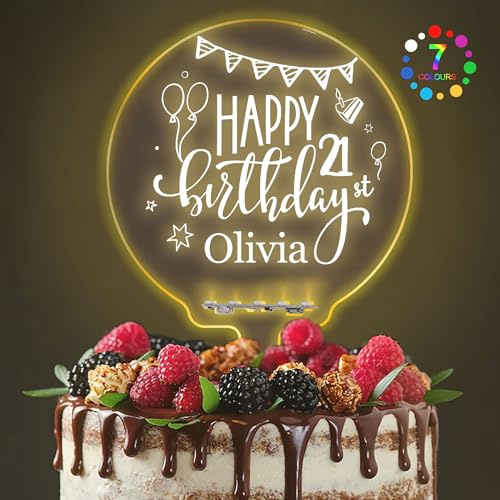 LED Personalised Happy Birthday Cake Topper Light Up for 1st, 10th, 16th, 18th, 20th, 21st, 30th, 40th, 50th, 60th (Design 1)