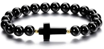 PiercingJak Herren Armband Kreuz Perlenarmband 8mm Edelstein Perlen Armbänder Tigerauge Obsidian Onyx Lavasteine Diffusor Armreif Spiritueller Schmuck Kommunion Geschenke für Männer Junge