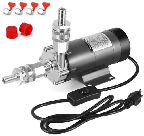 Wort Pump Food Grade Pump for Homebrew - High Temp Stainless Steel Magnetic Drive Pump Head Beer Brewing Equipment wine transfer Pump with Safety Switch, Beer Line Clamps, Quick Disconnect Set (Grey)