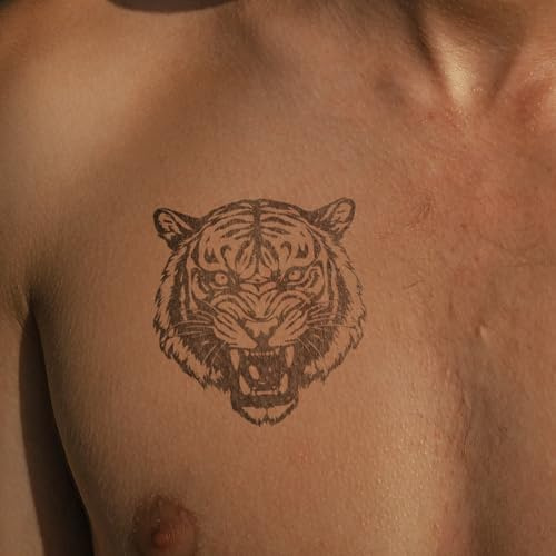 Tiger Kopf Traditional - Inkster Tattoo | vegane & wasserfeste Temporäre Tattoos für Erwachsene - EU-Kosmetikzertifizierte Farbe - revolutionäres 2 Wochen Tattoo | Premium Klebetattoos