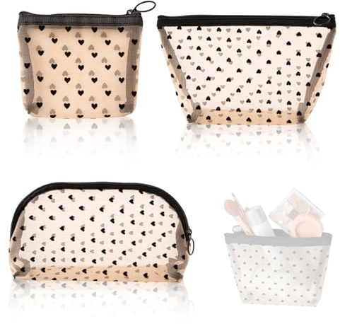 BSITSSS 3 Pieces Portable Mesh Toiletry Bag, Fashion Mesh Makeup Bag, Black Heart Mesh Shower Bag, Quick Dry Clear Travel Toiletries Bag, Clear Travel Bag for Gym Camping College Dorm Room Bathroom