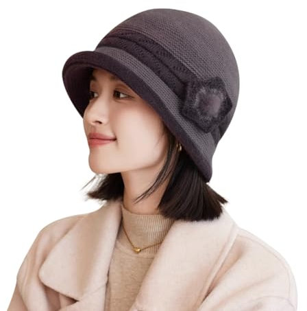 TCNGKIJIUK Winterhut für Damen und Mädchen, mit Glocke, Strickmütze, elegant, Vintage, 1920er, warmer Melonenhut, Kirchenhut mit klassischer Blume, Baskenmütze, Herbst-Winter, violett, 60