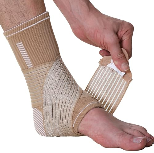 NEOtech Care - Tutore per caviglia a fascia - Tessuto elastico e traspirante - compressione regolabile con fascia a strappo - uomo, donna, ragazzo - piede destro o sinistro (Beige, M, 1 Pezzo)