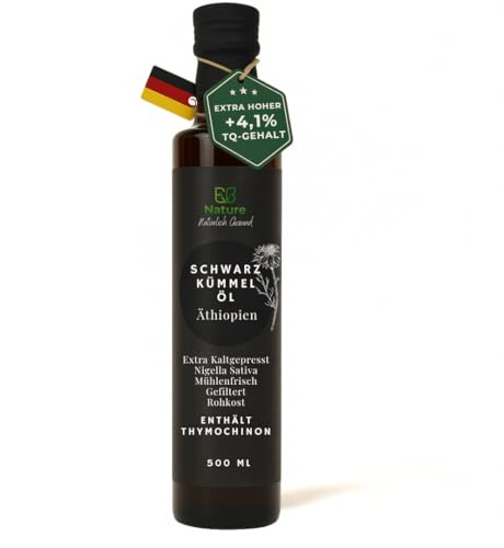 Schwarzkümmelöl Gefiltert, Schonend Kaltgepresst, Nigella Sativa Öl reich an THYMOCHINON - 100% Naturrein - Frischegarantie: mühlenfrisch direkt aus unserer Ölmühle | E.B. Nature (1, 500ml)