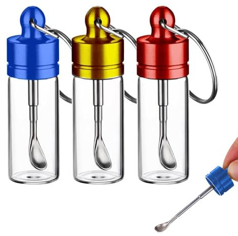Mini Bouteille Verre, Lot de 3 Contenants Portatifs 6cm avec Anneau pour Épices, Sucre (Rouge, Or, Bleu), Bocaux à Épices Étanches pour Cuisine et Voyage
