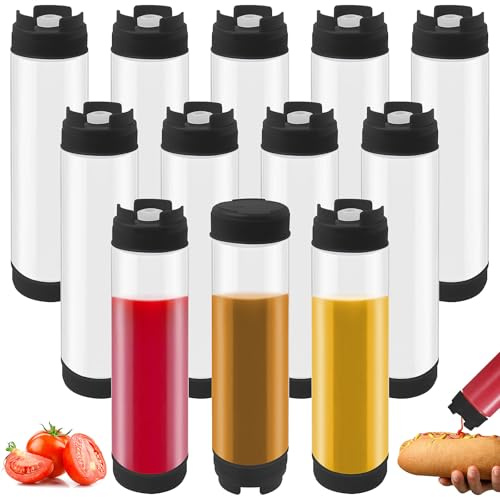 12 Pack Inverted Squeeze Bottles, 480 ml Refillable Plastic Sauce Bottle | Reusable Sauce Dispenser Bottles, Refillable Condiment Dispenser for Ketchup Salad BBQ Dressing Oil Honey Mustard (Black)