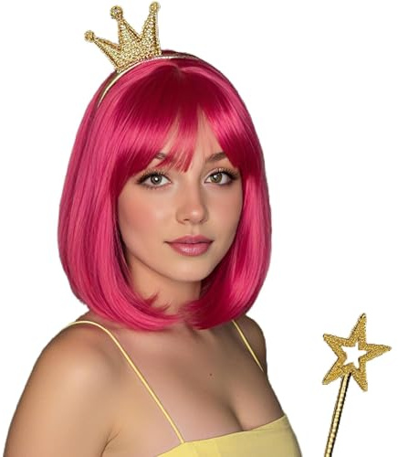 Luxiremi Bob peruker för kvinnor 30 cm syntetisk kort slät varm rosa peruk med ponny rollspel Hollywood bära