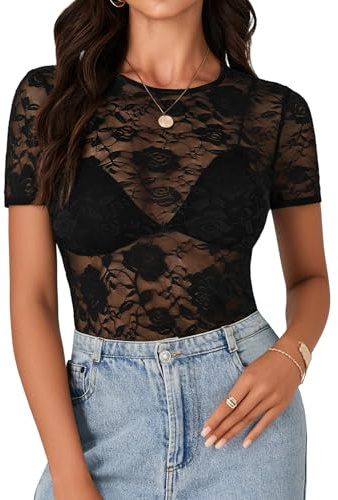 Rooscier Women's Floral Lace Sheer Crew Neck Short Sleeve Sexy Bodysuits Top Leotard without Bra Black X-Large