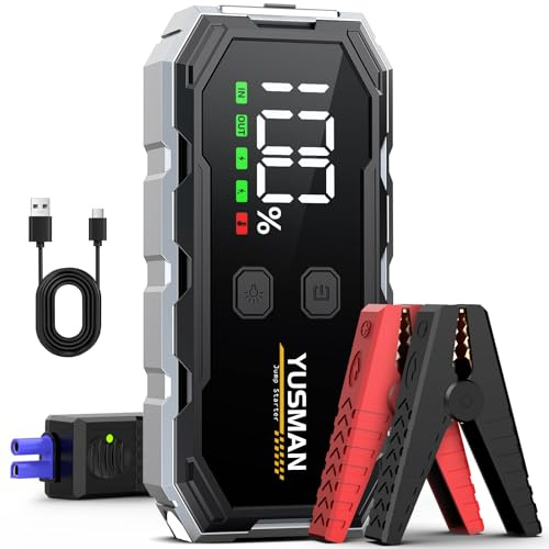 YUSMAN Booster Batterie Voiture 6000A Démarreur Batterie Voiture Supersafe(Jusqu'à 7L Gas/5.5L Diesel), 12V Jump Starter avec LED, 5 V/3A, QC3.0,Sortie USB, Pince Sécurité Intelligentes et Ecran LCD