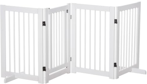 PawHut Barrera de Seguridad Perros de Madera Plegable 204x36x75 cm Blanco | para Escaleras y Puertas, Valla para Perros Pequeños y Medianos, 4 Paneles, con Soporte de Pie, para Interiores