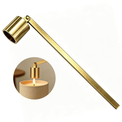 Gold Stainless Steel Candle Snuffer, Long Handle Wick Extinguisher | Polished gold stainless steel candle snuffer with 360° pivoting bell and long handle, safe flame extinguisher for home decor