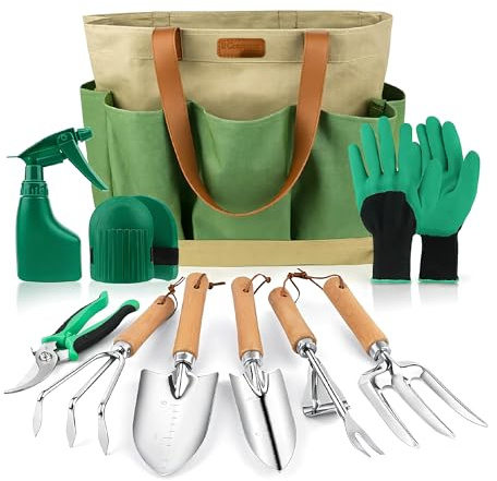 Set Attrezzi da Giardinaggio 10 Pezzi – Kit Completo con Paletta, Trapiantatore, Forchetta, Rastrello, Forbici da Potatura, Guanti, Spruzzino e Ginocchiere