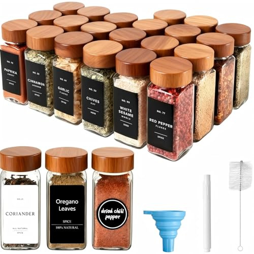 24 Pezzi Barattoli Spezie in Vetro da 120ml con Coperchio in Legno di Acacia, Etichette, Spazzola & Imbuto, Contenitori Spezie per Cucina, Barattolo Portaspezie Quadrati per Conservare Erbe Aromatiche