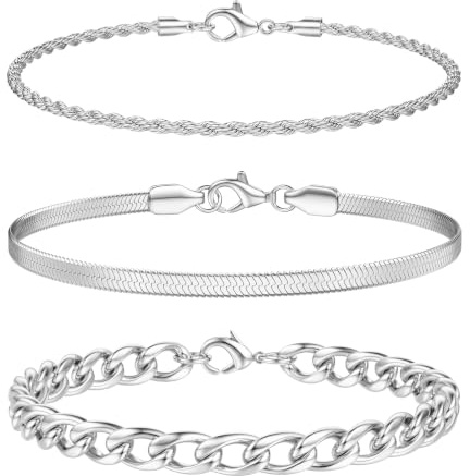 Morfetto 3Pcs Pulsera Hombre Acero Inoxidable No Se Empañan Cadena Set de Pulseras Hombre Oro Plata Robusto Brazalete Cadena Cubana Eslabones Caja Figaro Cómodo Regalos para Hombres TS-21
