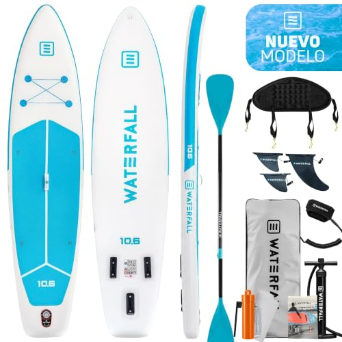 Waterfall Tabla Paddle Surf Hinchable Touring 10.6, Stand Up Paddle Board Sup Travesía Adultos, Jóvenes, Kit Accesorios, Remo, Mochila, Preinstalación Asiento Kayak, Estable, Ligera, 320x81x15cm