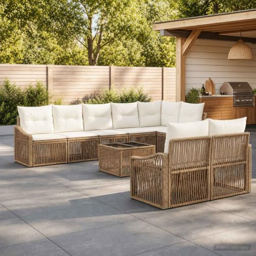 Ziaphsol Trädgårdssockset 9 delar, beige poly-rotting loungegrupp, utomhusmöbler, matgrupp med bord och sittplatser för terrass, balkong, trädgård, veranda