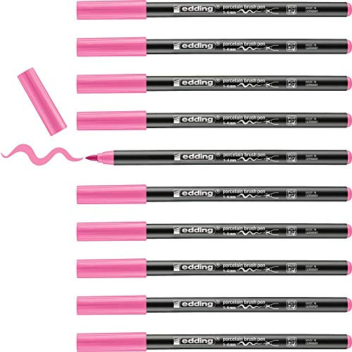 edding 4200 Porzellanpinselstift - pink - 10 Stifte - Pinselspitze 1-4 mm - Filzstift zum Beschriften u. Dekorieren von Keramik, Porzellan - spülmaschinenfest, lichtechte Tinte, schnell trocknend