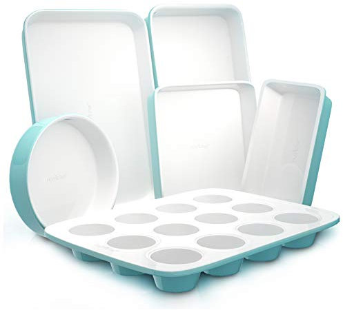 NutriChef NCBK6CT5.5 Kitchen Oven Baking Pans, Carbon Steel, Ceramic Coating, Turquoise