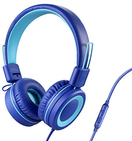 POWMEE P10 Kids Stereo Headphones with Microphone for Children Boys Girls,Adjustable 85dB/94dB Volume Control Foldable On-Ear Headphone for School/PC/Cellphone(Blue)