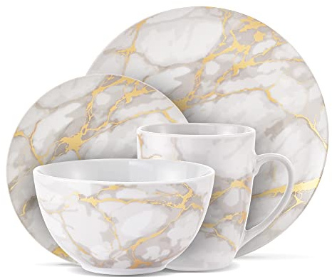 Safdie & Co 16-Piece Modern Premium Porcelain Ceramic Dinner Set, Lightweight Designed, Stackable, in Gold Marble/Gray Finish