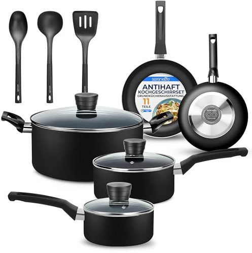 SereneLife Nonstick Pots and Pans Set 11-Piece– Aluminium Cookware Set with Glass Lids, Frying Pans, Saucepans & Casserole Pot, Kitchen Utensils, Nonstick Cookware Set, Black