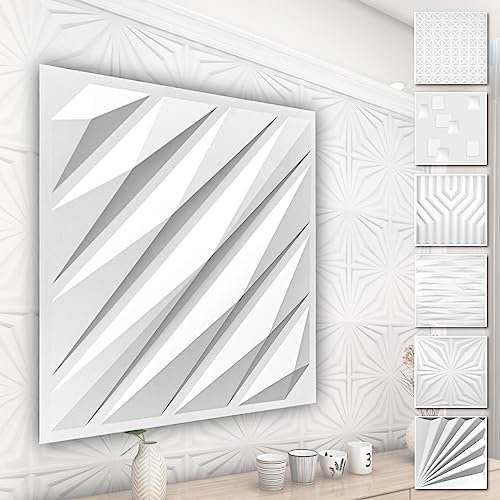 HEXIM 3D Wandpaneele, PVC Kunststoff weiß - Abstrakt Design Paneele 50x50cm Wandverkleidung (3QM HD136) Hintergrund Paneele weiß hart
