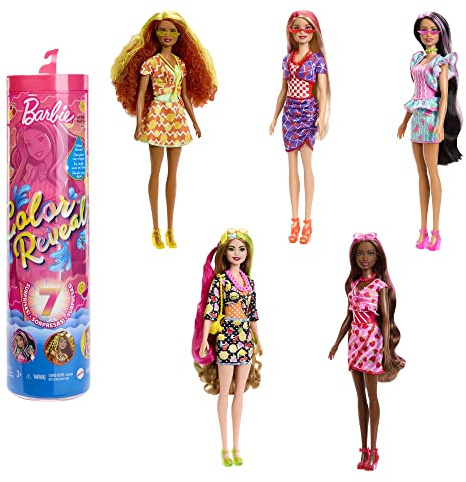 Barbie Colour Reveal, Color Reveal blonden und roten Haaren, 7 Überraschungen, Farbwechsel der Sweet Fruit Serie, 1x Barbiepuppe, Geschenk für Kinder, Spielzeug ab 3 Jahre,HJX49