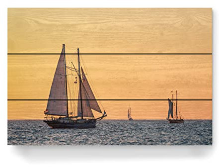 artboxONE Holzbild 45x30 cm Natur Windjammer, Meer, Sonnenuntergang von Künstler Rico Ködder