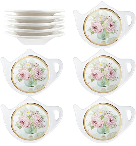 SOCOSY Vintage Flower Porcelain Tea Bag Holder Teapot Shaped Tea Bag Coaster, Little Spoon Rest Tea Accessories Resting Caddy Seasoning Dish for Sauce Dessert, 4 Inch-Roses-10 PCS