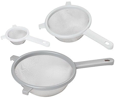Tala Kitchen Sieve Set, Plastic Handle Straining Sieves Measuring 8cm, 15cm and 18cm with stablising Hooks, Fine Stainless Steel which is Perfect for Sifting and Rinsing Foods