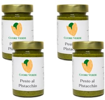 Cuore Verde Corazón Verde - Pesto de Pistacho - Ideal para Pasta, Pizza, sabrosas bruschetta o deliciosos segundos platos - SIN GLUTEN - Paquete de 4 uds. desde 190gr. Caduno