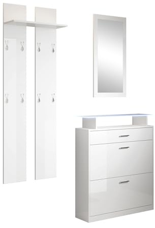 MB Muebles Bonitos | Flurmöbel Set mit Schuhschrank, Spiegel und Garderobe | Glasablage mit LED | Glänzendes Melamin | Farbe Weiß | Schuhregal für die tür | Modell Paola Set