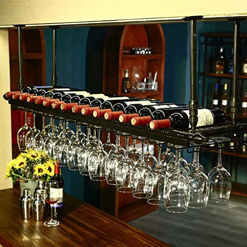 ZURBAQD Portabottiglie per vino rosso in ferro industriale nero, porta calici sospesi, mensola decorativa per soffitto domestico, altezza regolabile （30-60 cm） Warm as ever