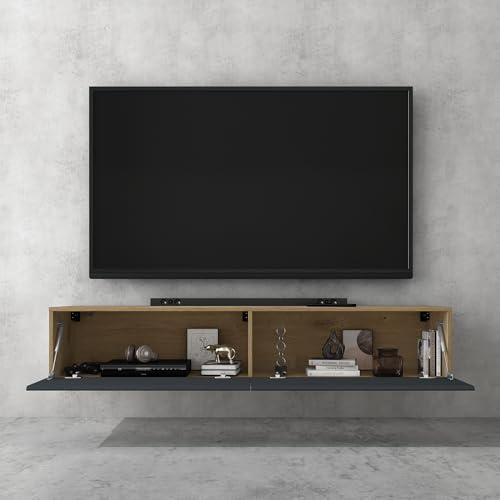 doporro TV Lowboard Schrank mit Gasdruckfedern Fernsehschrank hängend | TV Board mit Klapptür, viel Stauraum, Wand Fernsehtisch in Kerneiche und Matt Anthrazit, Breite: 200 cm, Fernsehschrank02