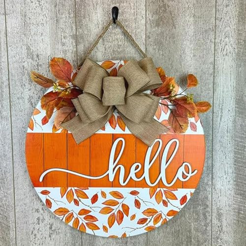 Hello Maple Leaves Wall Sign Decorations, Herbst Schild für die Haustür, 3D Hello Willkommensschild Haustür, Rustikale Runde Holz Willkommen Türschild, zum Aufhängen Wandschild Türhänger Wanddeko (A)
