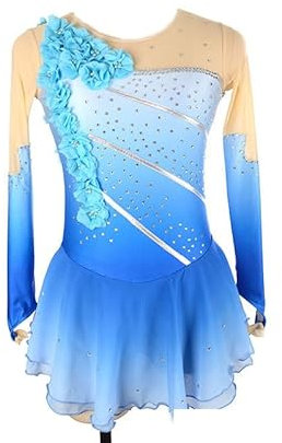 Damen Eiskunstlauf Wettkampf Kleid Gradient Handgefertigtes Blumen Langarmshirt Eislauf Performance Rock Für Mädchen Trikot Für Rhythmische Gymnastik,Blau,L
