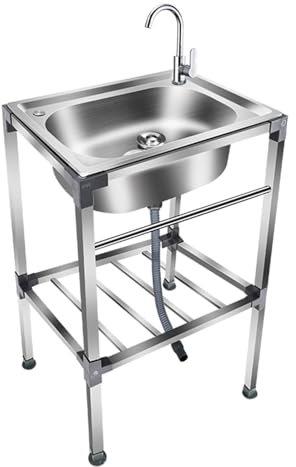 DDKYHU Évier de Cuisine en Acier Inoxydable, évier de Service, évier de Restauration sur Pied avec Robinet d'eau Froide et d'eau Chaude (Argent 60 × 45 × 77 cm)