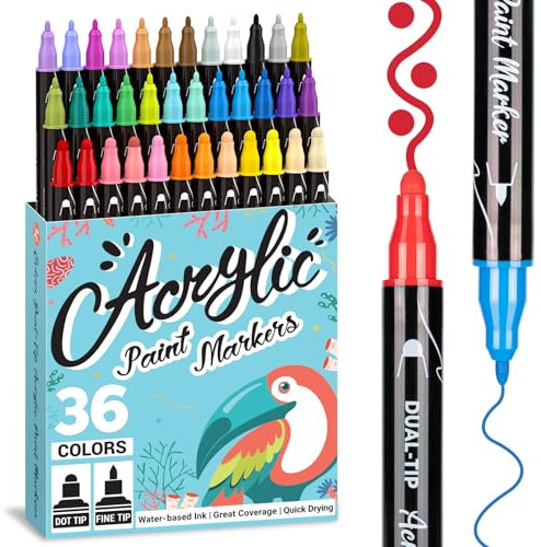 APOGO 36 Acrylstifte, Doppelseitiger Acrylstifte für Steine Wasserfest, Schnelltrocknender Acrylic Marker, Multimarker, Wasserfest für Steine, Holz, Tassen und Glass