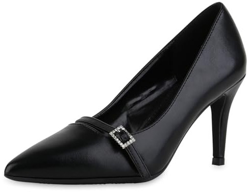 VAN HILL Damen Spitze Pumps Stiletto Schnallen Trendy Schuhe 216483 Schwarz 38