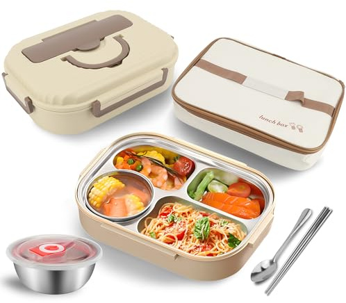 MEKOTRIN Lunch Box, 1000ML Boite Repas Couverts & Bol à Soupe Inclus, Boîte à Lunch en PP Compartimentée avec Coque Intérieure en Acier Inoxydable pour École Pique Nique Travail(Beige)