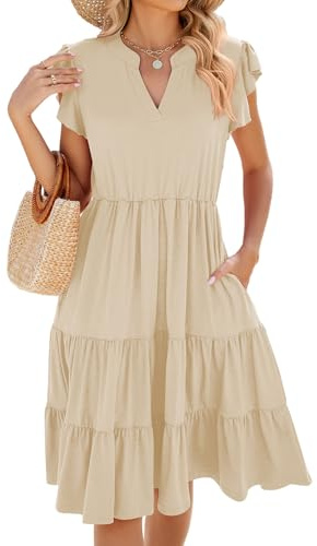 CheChury Femmes Robes été Col en V sans Manche Fluide Swing Midi Robe avec Poche A-Line Chic Décontracté été Dress de Soiree Party Plage,Beige,S