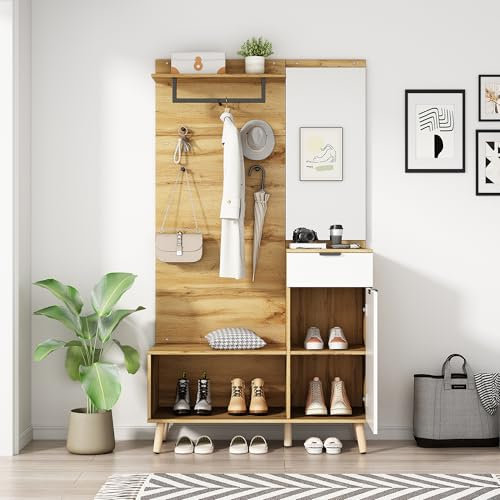 SogesHome Garderobe Set Flurgarderobe mit gepolsterter Aufbewahrungsbank Schuhschrank mit Stecktafel 4 Haken für Flur Eingangsbereich,100x35x180 cm (Teak Weiß)