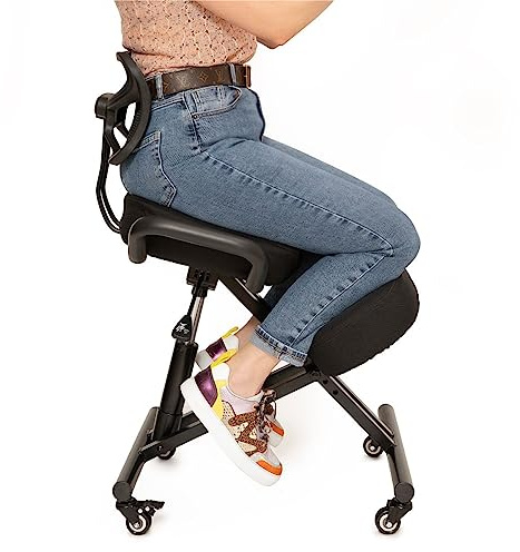 BLACK POINT O'KNEEL – Ergonomischer Kniestuhl mit Rückenlehne | Verstellbarer Kneeling Chair, Büro & Zuhause | gerade & Bequeme Haltung | Bezug aus Leinen Grau/Schwarz inklusive