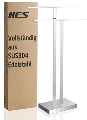 KES Handtuchhalter Stehend Handtuchständer Badetuchhalter Edelstahl 18/8 Doppel Handtuchstange Freistehend Poliert, BTH231