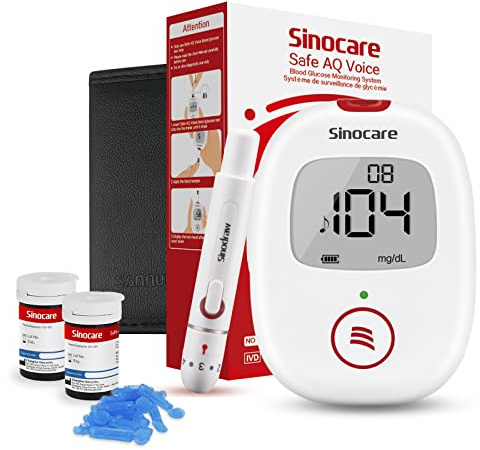 Sinocare Glucómetro, 50 x Tiras Medidor Glucosa en Sangre, Medidor Sangre Glucosa en Sangre - mg/dL (Safe AQ Voice)