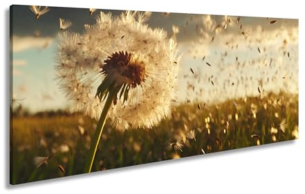 Leinwandbild Pusteblume im Flug – flüchtige Träume im Abendlicht. Panorama 60x30cm XXL Kunstdruck Bild auf Keilrahmen/Wandbild/Wohnzimmer Dekoration